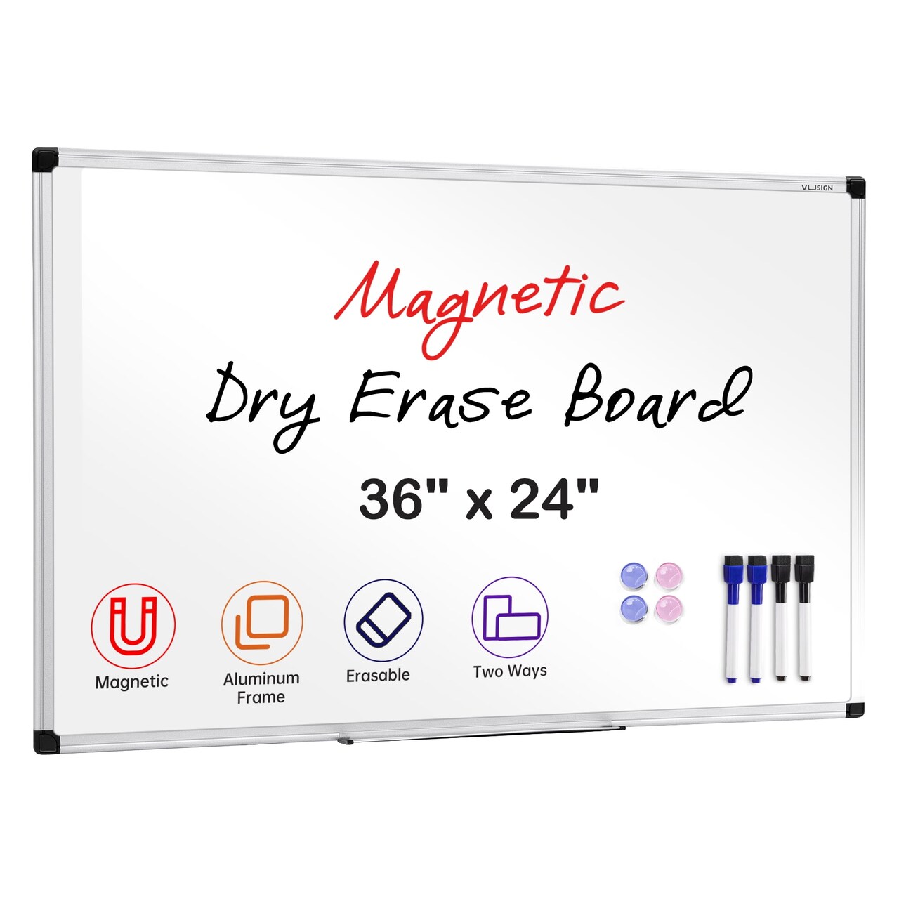 Magnetic Dry Erase Whiteboard, 36” × 24”, Wall Mounted with Pen Tray, Silver Aluminum Frame, for Home, Office & Classroom